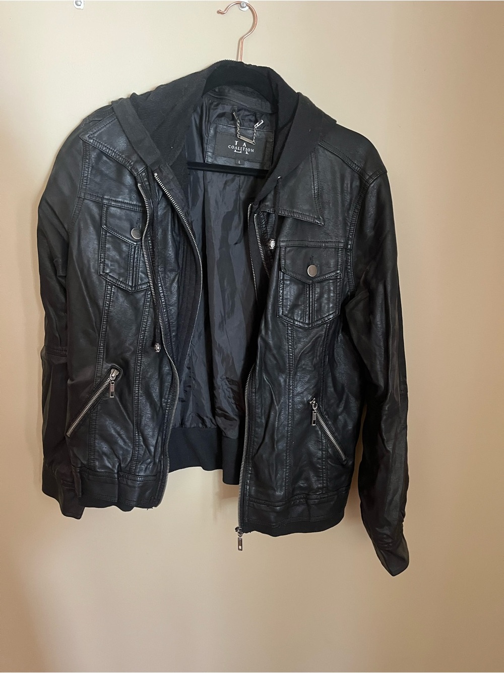 Black Faux Leather Hooded Bomber Jacket